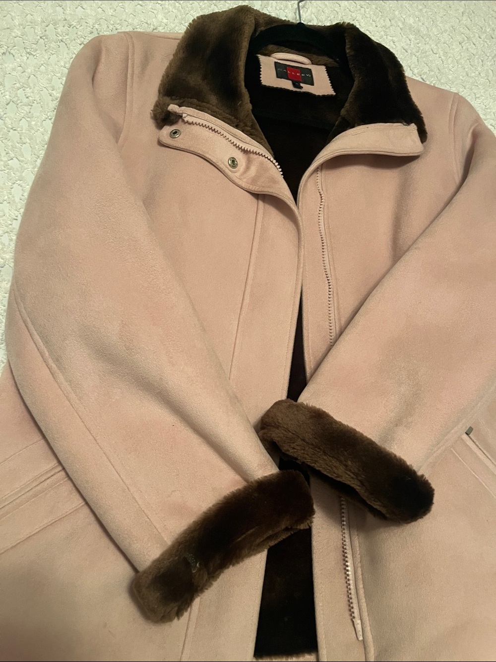 Gallery Blush Teddy Jacket with Brown Faux Fur Trim